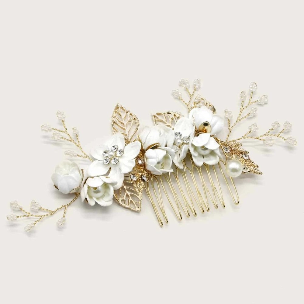 White Florals, flower, gold, leaves, crystals and faux peals Bridal Hair Comb